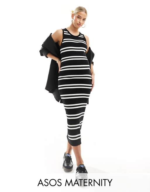 ASOS DESIGN Maternity - Vestito in maglia stile canotta a righe con gonna al polpaccio