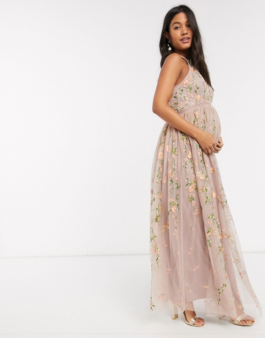 ASOS DESIGN Maternity - Vestito lungo a rete con fiori ricamati in paillettes allacciato al collo-Multicolore  donna Multicolore - immagine2