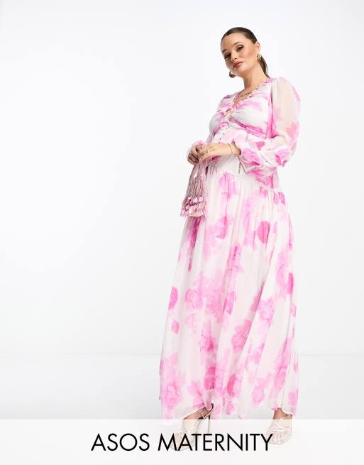 ASOS DESIGN Maternity - Vestito lungo con bottoni e pieghe rosa a fiori con inserti in pizzo