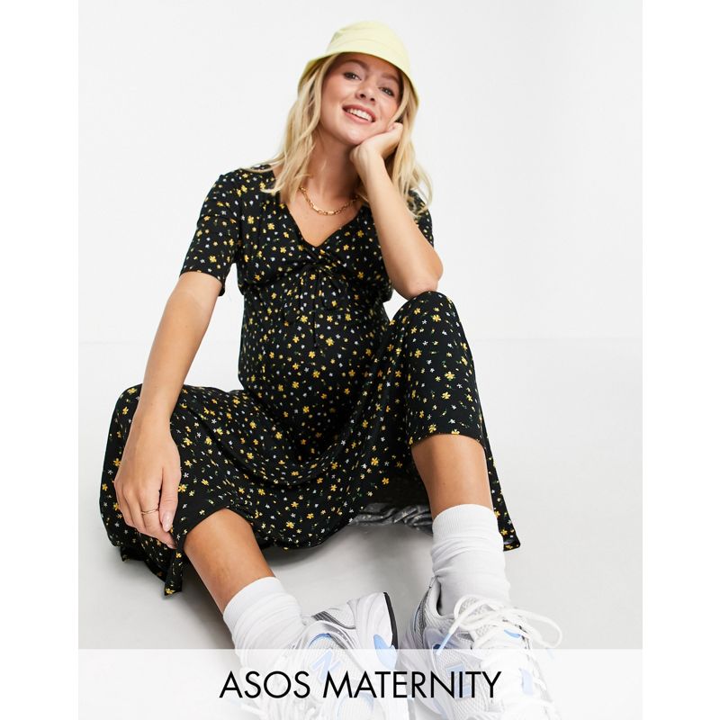 Vestiti Donna DESIGN Maternity - Vestito lungo con scollo a V e coulisse in vita nero a fiori gialli