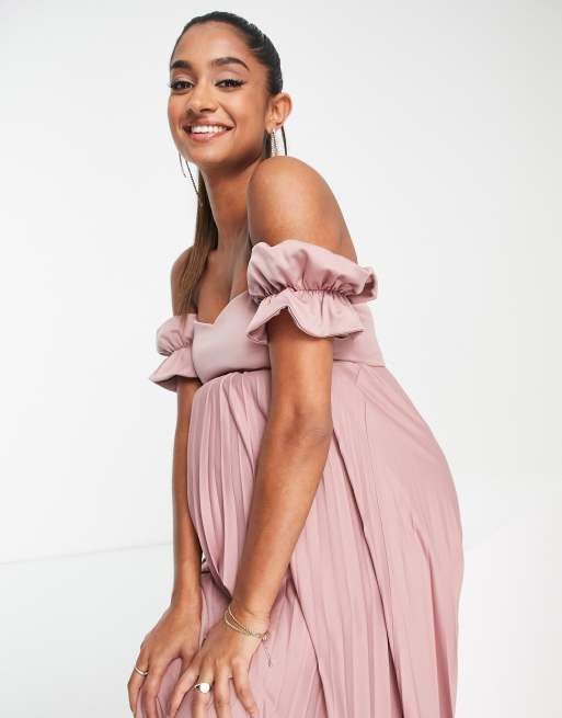 ASOS DESIGN Maternity - Vestito lungo con scollo Bardot a pieghe rosa - LPINK, 3 di 4