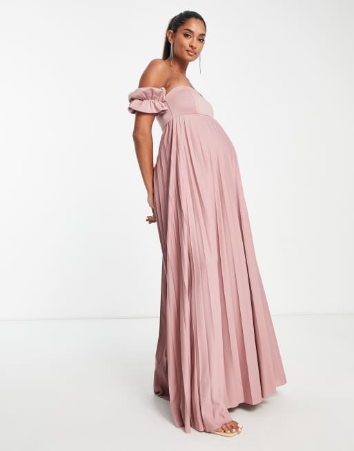 ASOS DESIGN Maternity - Vestito lungo con scollo Bardot a pieghe rosa - LPINK, 4 di 4