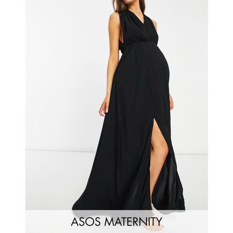 Vestiti lunghi Vestiti DESIGN Maternity - Vestito lungo da mare raccolto in vita in tessuto riciclato nero