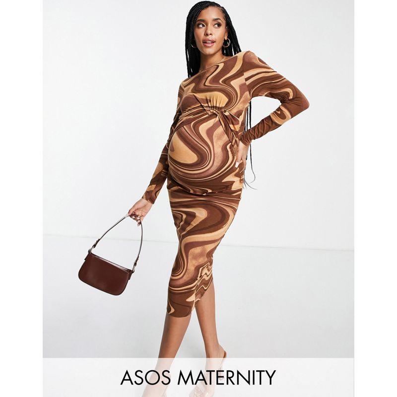 Vestiti 77qbV DESIGN Maternity - Vestito midi a maniche lunghe marrone con stampa astratta con nodo sul davanti e schiena scoperta