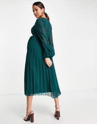 ASOS DESIGN Maternity - Vestito midi a pieghe con incrocio frontale in tessuto plumetis verde bosco  donna Verde - immagine3
