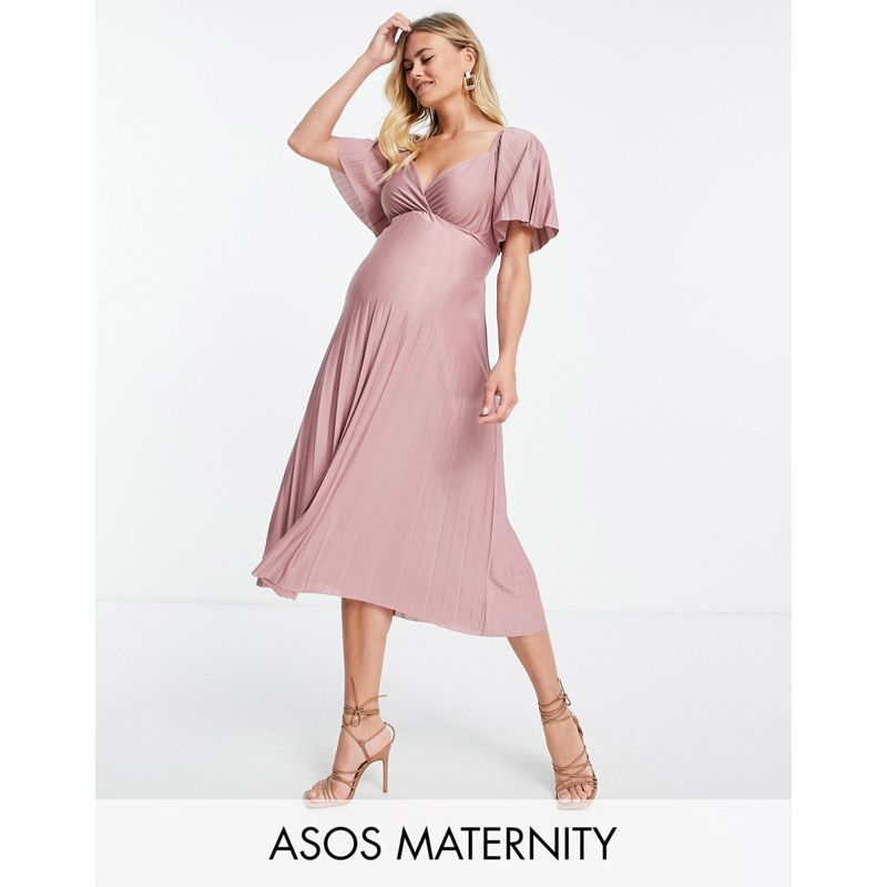 3nUxK Vestiti DESIGN Maternity - Vestito midi a pieghe rosa incrociato sul retro con maniche ad aletta