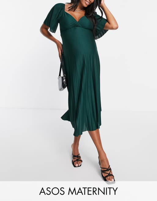 ASOS DESIGN Maternity - Vestito midi a pieghe verde bosco con incrocio sul retro e maniche ad aletta