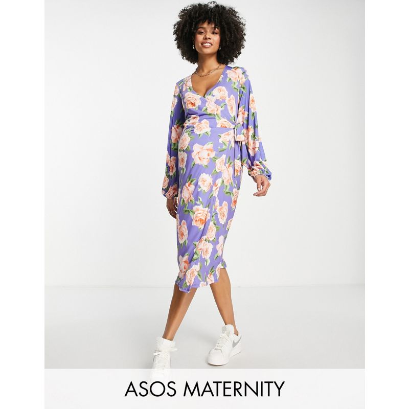 Donna Vestiti DESIGN Maternity - Vestito midi a portafoglio con maniche a campana blu e pesca a fiori