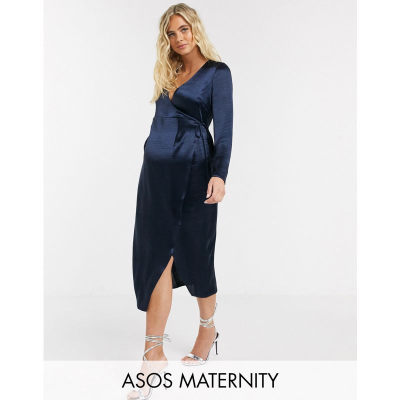 Vestiti mINMQ DESIGN Maternity - Vestito midi a portafoglio in raso blu navy lucido
