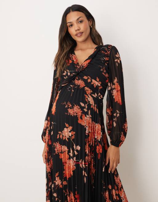 ASOS DESIGN Maternity - Vestito midi a portafoglio nero con stampa a fiori e pieghe, 3 di 4