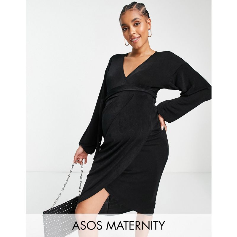 Donna Vestiti DESIGN Maternity - Vestito midi aderente a portafoglio nero con maniche a campana