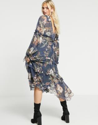 ASOS DESIGN Maternity - Vestito midi arricciato a balze blu navy con stampa a fiori e finiture in pizzo-Multicolore  donna Multicolore - immagine3