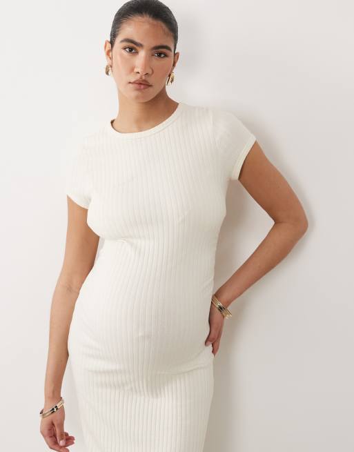 ASOS DESIGN Maternity - Vestito midi arricciato color panna a coste con maniche ad aletta, 2 di 4
