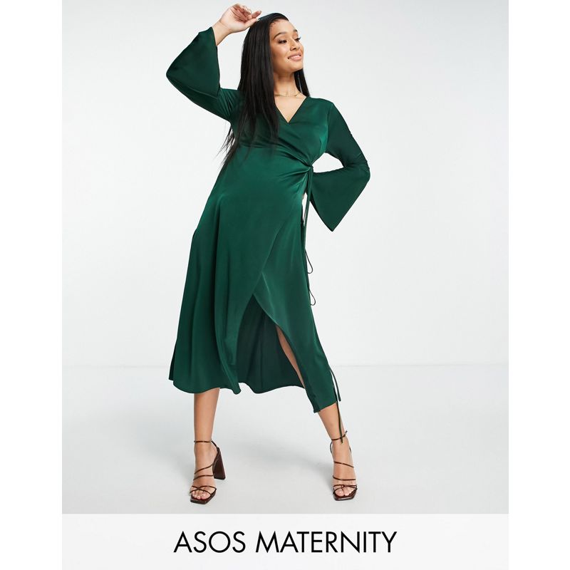 Vestiti Vestiti da sera DESIGN Maternity - Vestito midi avvolgente in raso verde bosco con polsini svasati e laccetti