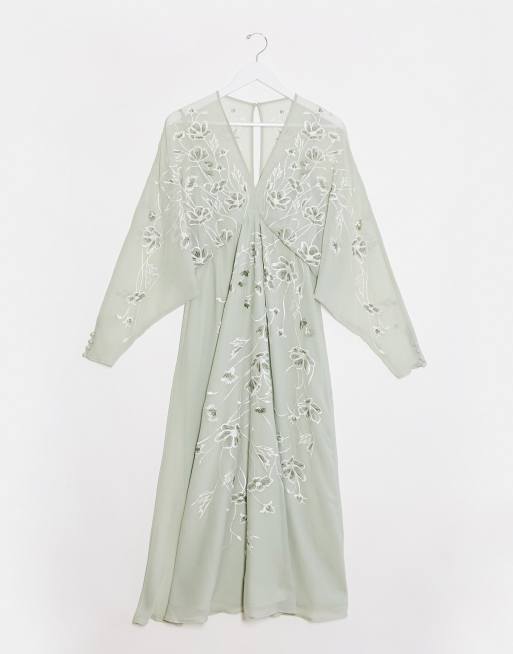 ASOS DESIGN Maternity - Vestito midi com maniche a pipistrello menta a fiori ricamato