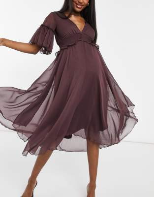 ASOS DESIGN Maternity - Vestito midi con maniche con volant vita a pieghe e bottoni-Blu navy - ASOS DESIGN  donna Blu navy - immagine2