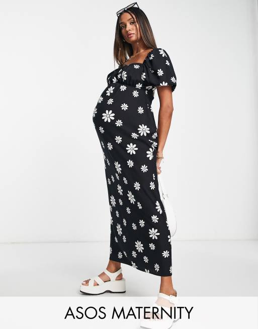 ASOS DESIGN Maternity - Vestito midi con scollo squadrato e dettaglio elasticizzato bianco e nero a fiori