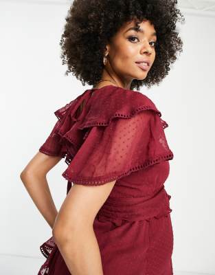 ASOS DESIGN Maternity - Vestito midi drappeggiato in chiffon plumetis con laccetti-Rosso  donna Rosso - immagine2