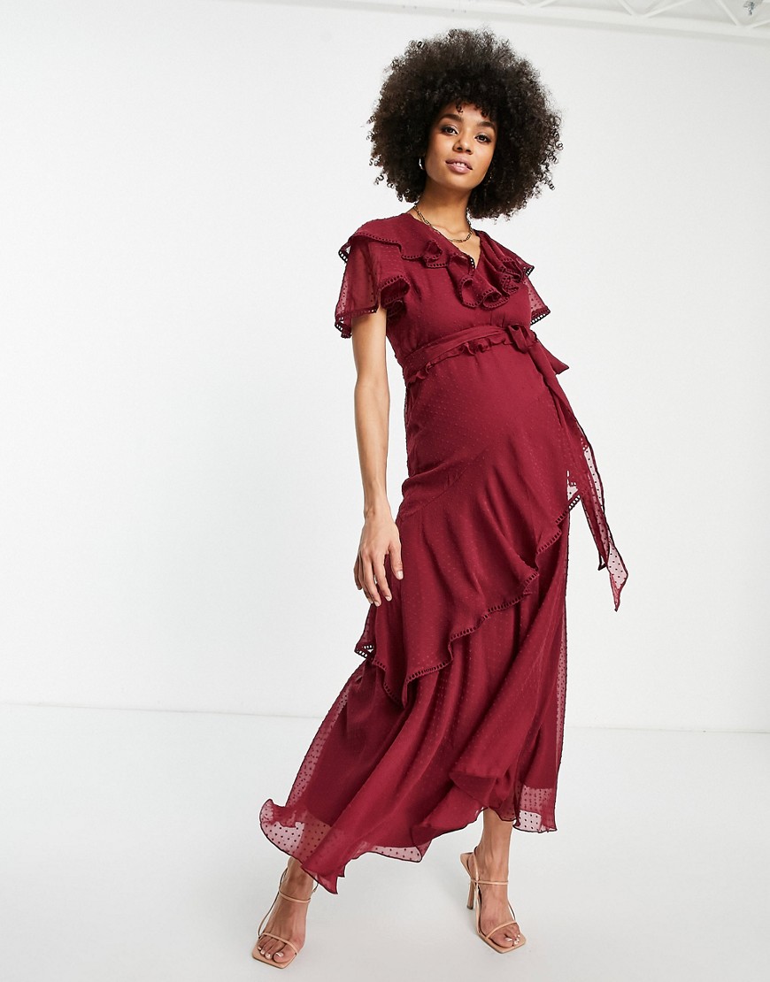 ASOS DESIGN Maternity - Vestito midi drappeggiato in chiffon plumetis con laccetti-Rosso  donna Rosso - immagine1