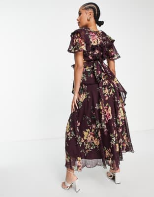 ASOS DESIGN Maternity - Vestito midi drappeggiato in chiffon plumetis con laccetto e stampa a fiori-Multicolore  donna Multicolore - immagine1