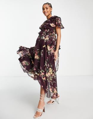 ASOS DESIGN Maternity - Vestito midi drappeggiato in chiffon plumetis con laccetto e stampa a fiori-Multicolore  donna Multicolore - immagine3