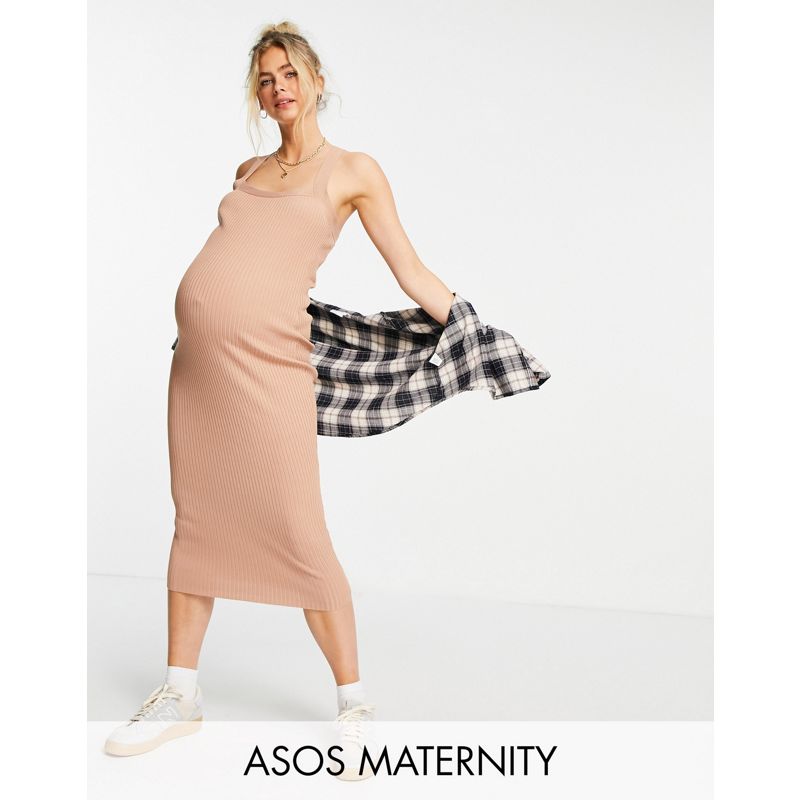 N9KBl Vestiti DESIGN Maternity - Vestito midi in maglia a coste con scollo squadrato, color cammello