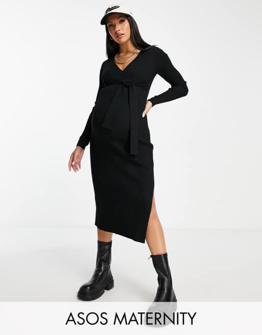 ASOS DESIGN Maternity - Vestito midi in maglia a portafoglio nero