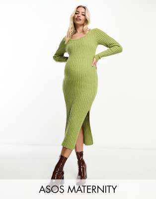 ASOS DESIGN Maternity - Vestito midi in maglia verde con scollo squadrato e filato testurizzato