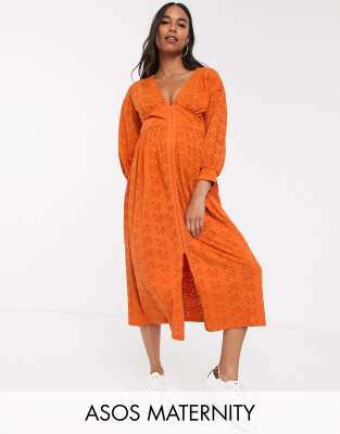 ASOS DESIGN Maternity - Vestito midi in pizzo arancione con gancetti