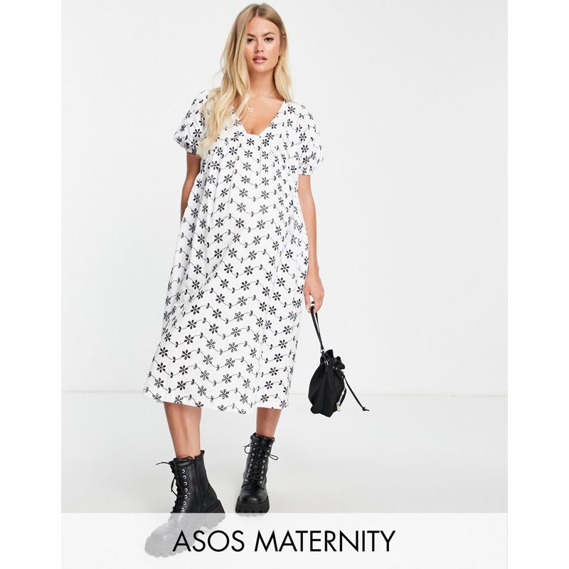 Donna Vestiti DESIGN Maternity - Vestito midi in pizzo nero e bianco a contrasto con scollo a V e cuciture stile impero