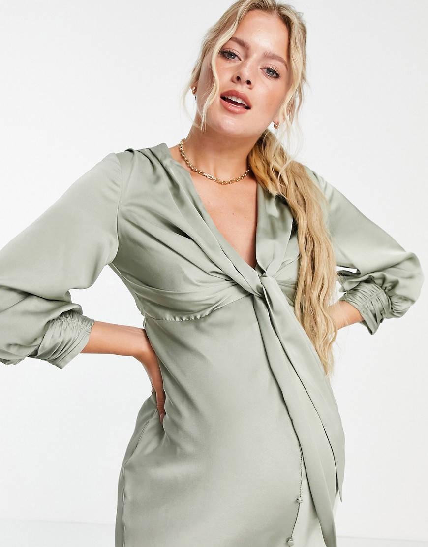ASOS DESIGN Maternity - Vestito midi in raso allacciato sul davanti con bottoni-Verde  donna Verde - immagine3