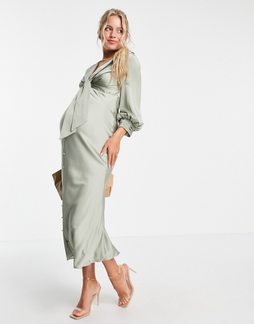 ASOS DESIGN Maternity - Vestito midi in raso allacciato sul davanti con bottoni-Verde  donna Verde - immagine2