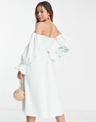 ASOS DESIGN Maternity - Vestito midi per il ballo di fine anno arricciato con scollo alla Bardot e manica a campana blu  donna Blu - immagine2