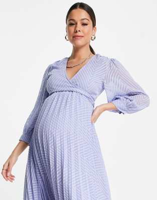 ASOS DESIGN Maternity - Vestito midi per l'allattamento a pieghe avvolgente allacciato in vita in plumetis con motivo a spina di pesce blu crepuscolare  donna Blu - immagine1