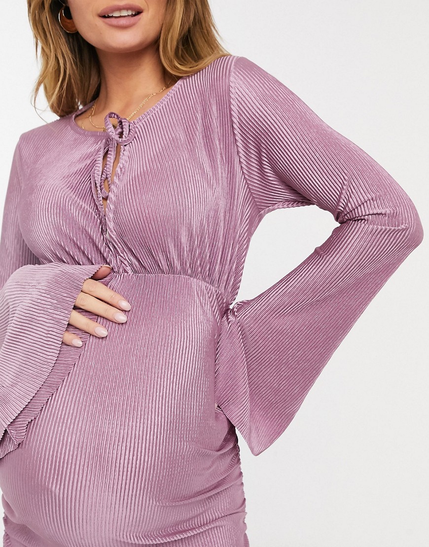 ASOS DESIGN Maternity - Vestito midi plissé per baby shower con maniche lunghe a campana, arricciature laterali e laccetti, colore lilla-Rosa  donna Rosa - immagine2