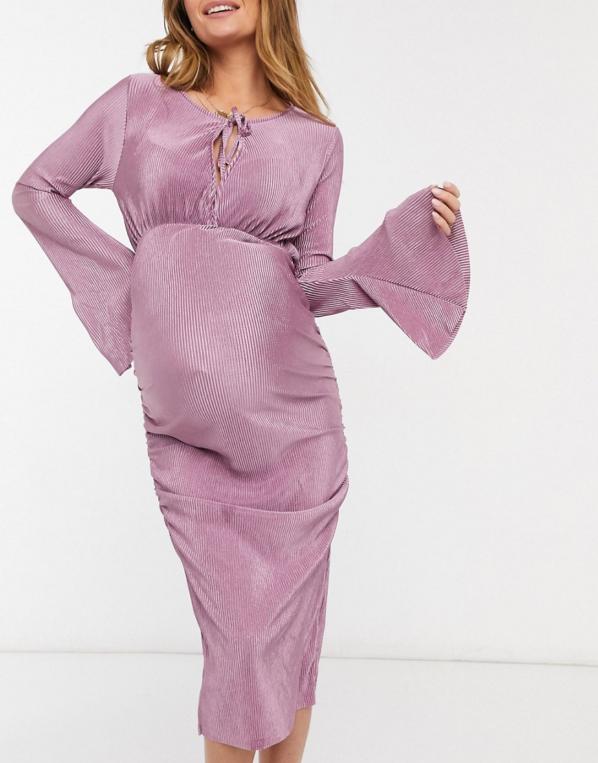 ASOS DESIGN Maternity - Vestito midi plissé per baby shower con maniche lunghe a campana, arricciature laterali e laccetti, colore lilla-Rosa  donna Rosa - immagine1