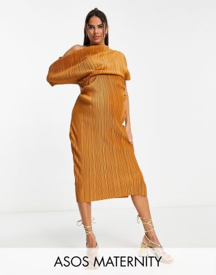 ASOS DESIGN Maternity - Vestito midi plissettato color ruggine con spalle scoperte