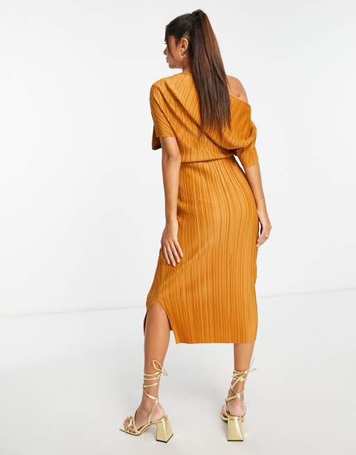 ASOS DESIGN Maternity - Vestito midi plissettato color ruggine con spalle scoperte, 3 di 4