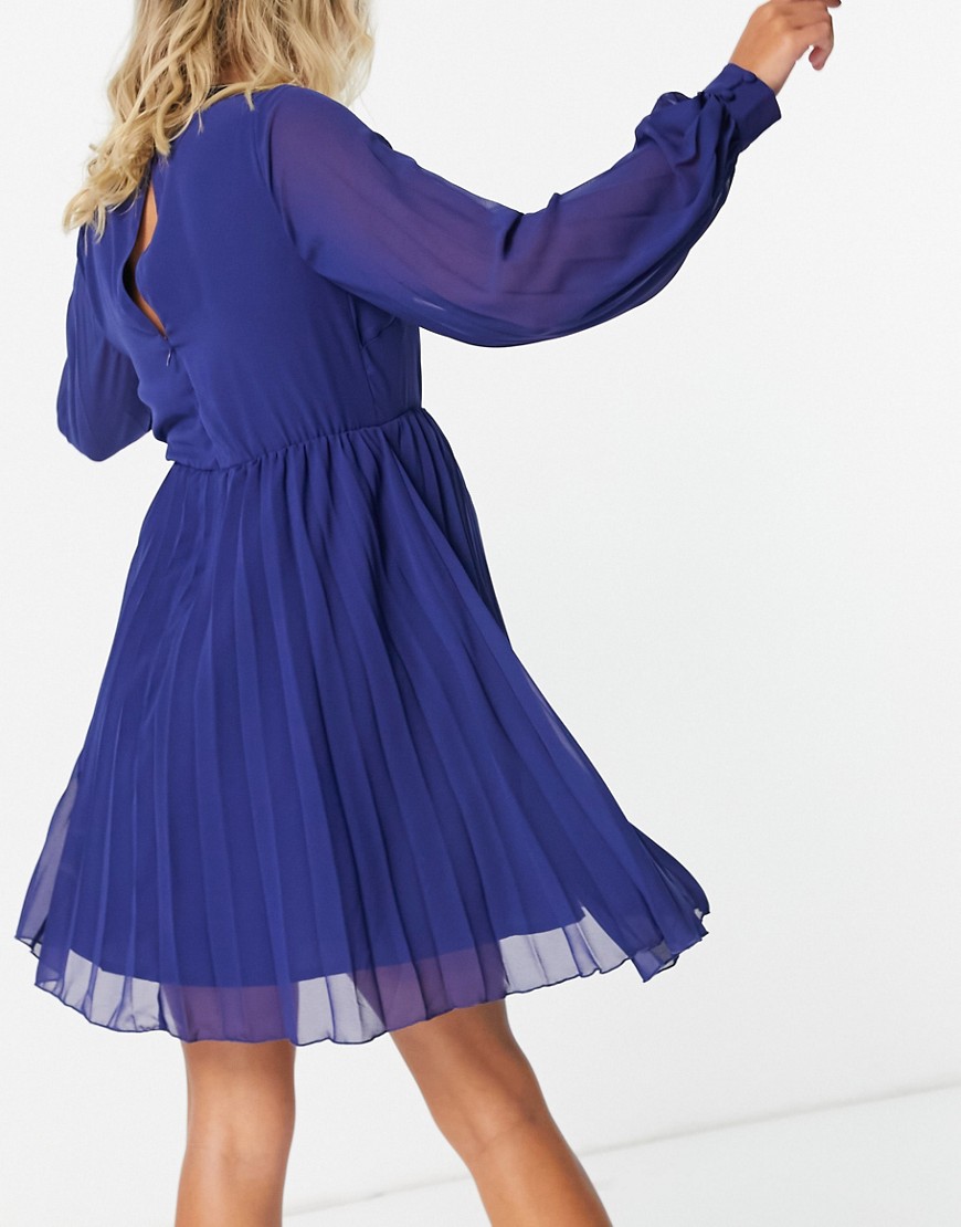 ASOS DESIGN Maternity - Vestito skater corto accollato a pieghe con maniche lunghe blu navy  donna Blu navy - immagine3