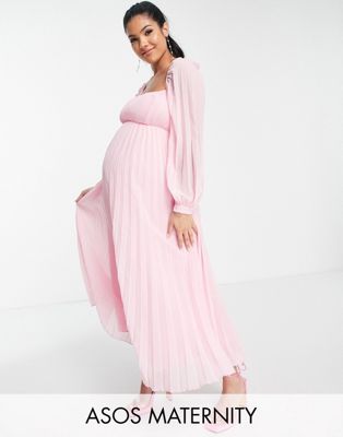 ASOS DESIGN Maternity square neck pleated midi skater dress in soft pink - ASOS Price Checker