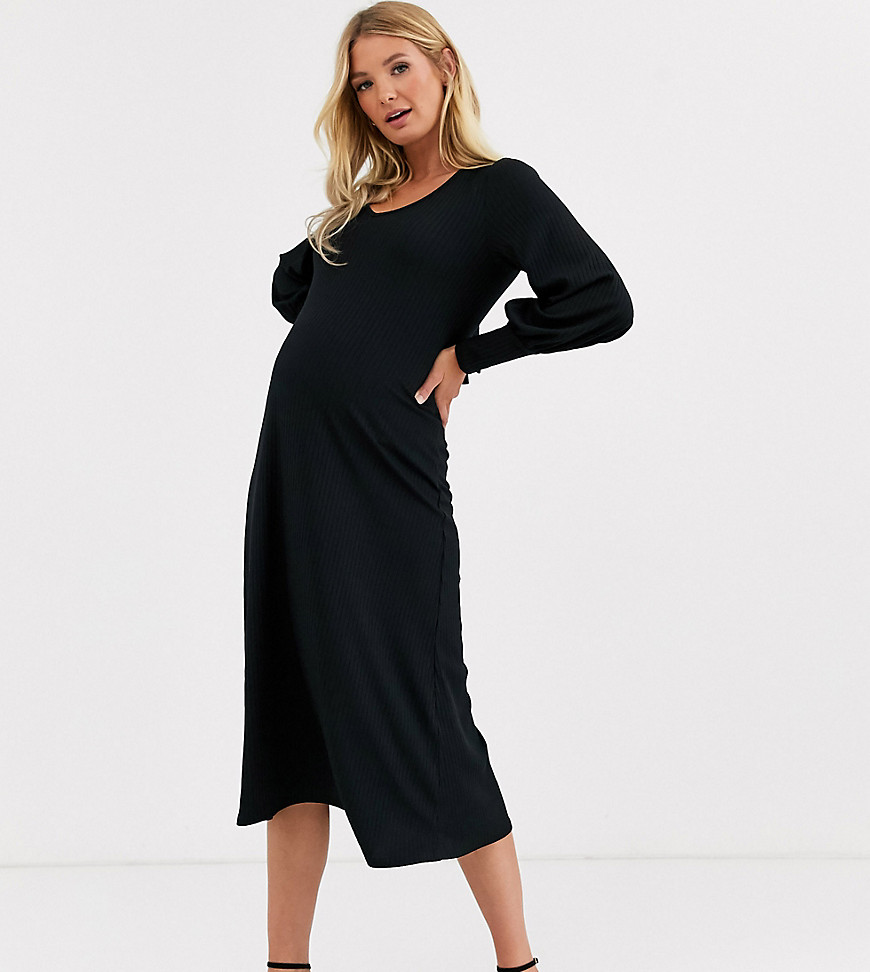 ASOS DESIGN Maternity – Vid ribbad midiklänning med lång ärm och rosett baktill-Svart