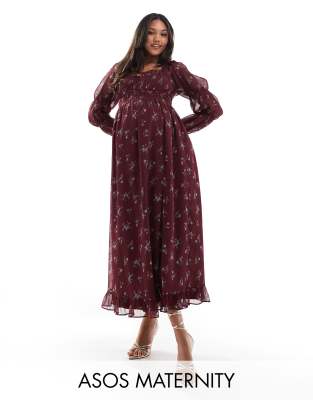 ASOS DESIGN Maternity – Vinröd, blommig midiklänning i milkmaid-stil med långa ärmar och smockad midja - view 1