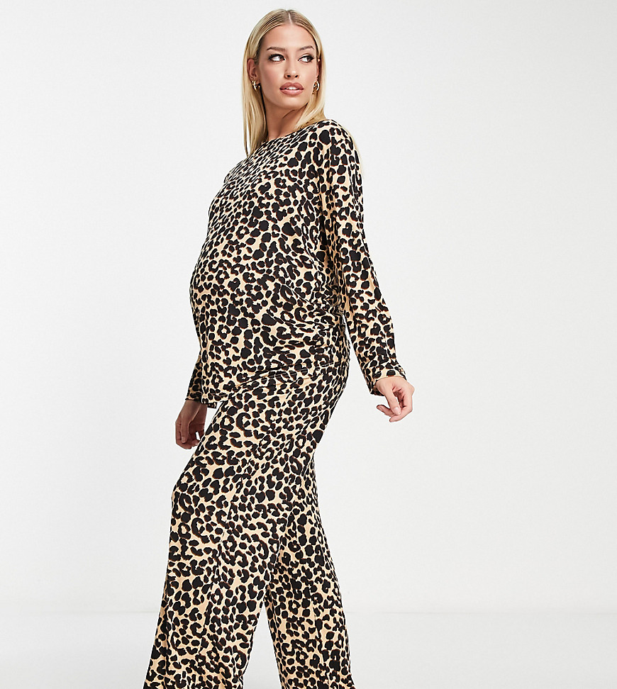 ASOS DESIGN Maternity viscose leopard long sleeve top & wide leg trouser pyjama set in brown
