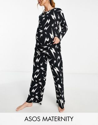 ASOS DESIGN Maternity viscose lightning bolt long sleeve top & trouser pyjama set in black
