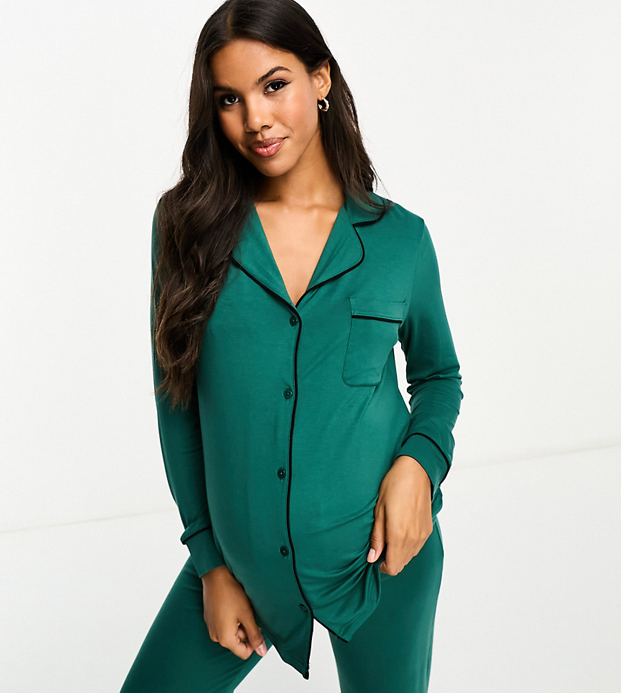 Asos Maternity Asos Design Maternity Super Soft Long Sleeve Shirt & Pants Pajama Set With Contrast Piping In Green