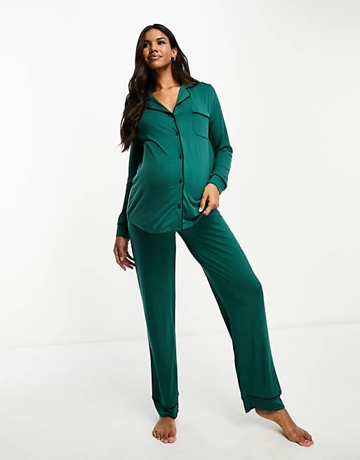 ASOS DESIGN Maternity viscose long sleeve shirt & pants pajama set with  contrast piping in green