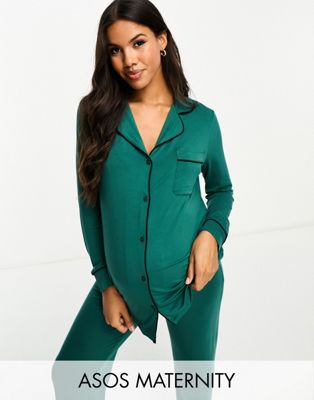 ASOS DESIGN Maternity viscose long sleeve shirt & trouser pyjama set with contrast piping in green