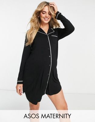 ASOS DESIGN Maternity viscose sleep shirt with contrast piping in black