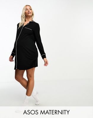 Asos Maternity Asos Design Maternity Viscose Sleep Shirt With Contrast Piping In Black