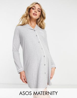 ASOS DESIGN Maternity viscose sleep shirt with contrast piping in grey